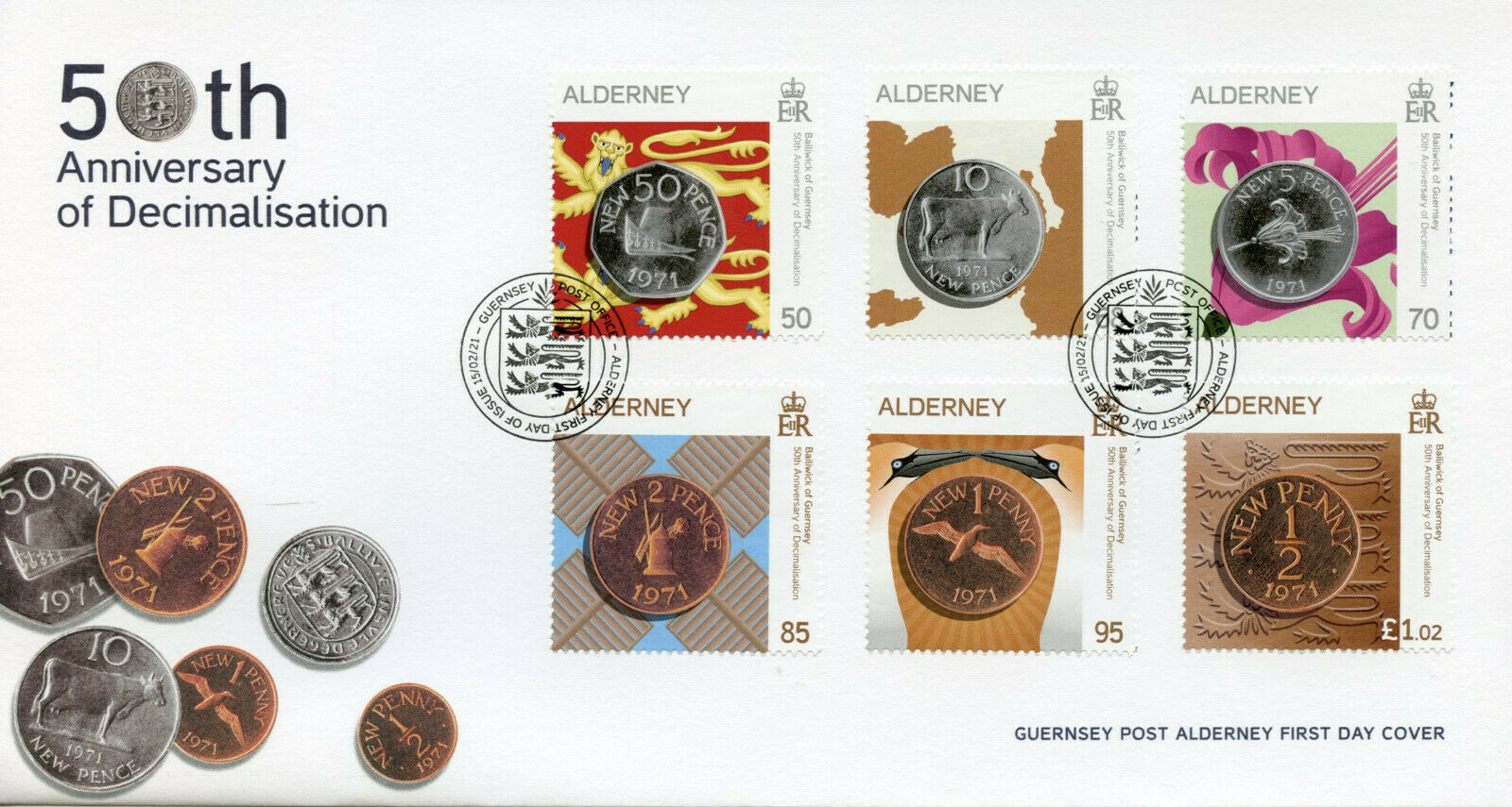 Alderney Coins on Stamps 2021 FDC Decimilisation 50 Years Numismatics 6v Set