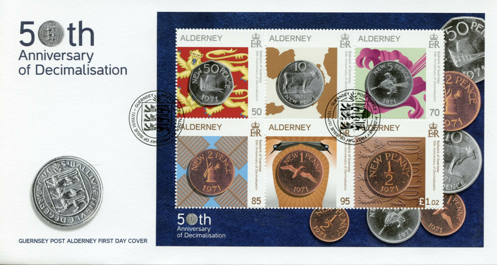 Alderney Coins on Stamps 2021 FDC Decimilisation 50 Years Numismatics 6v M/S