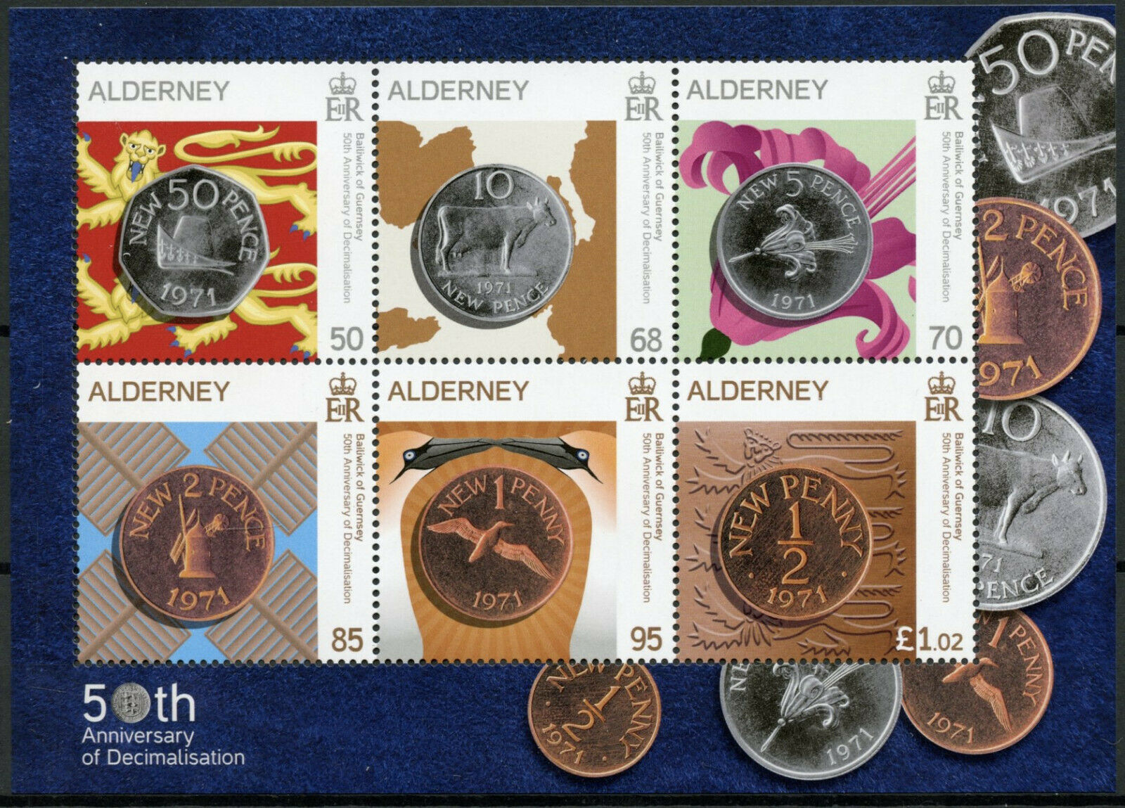 Alderney 2021 MNH Coins on Stamps Decimilisation 50 Years Numismatics 6v M/S