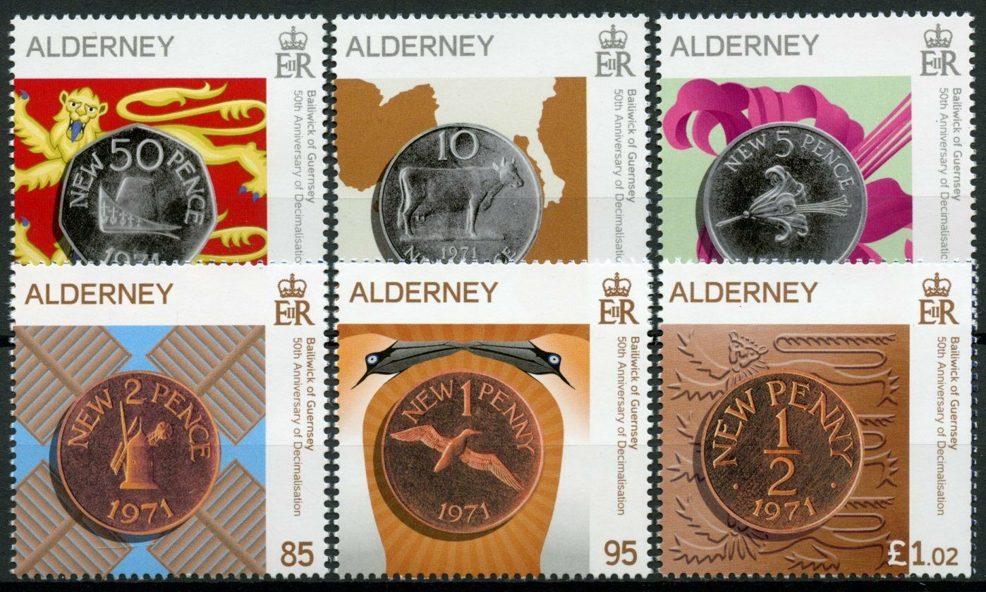 Alderney 2021 MNH Coins on Stamps Decimilisation 50 Years Numismatics 6v Set