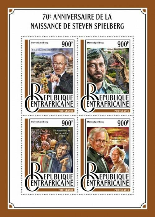 Central African Rep Stamps 2016 MNH Steven Spielberg Jurassic Park Film 4v M/S