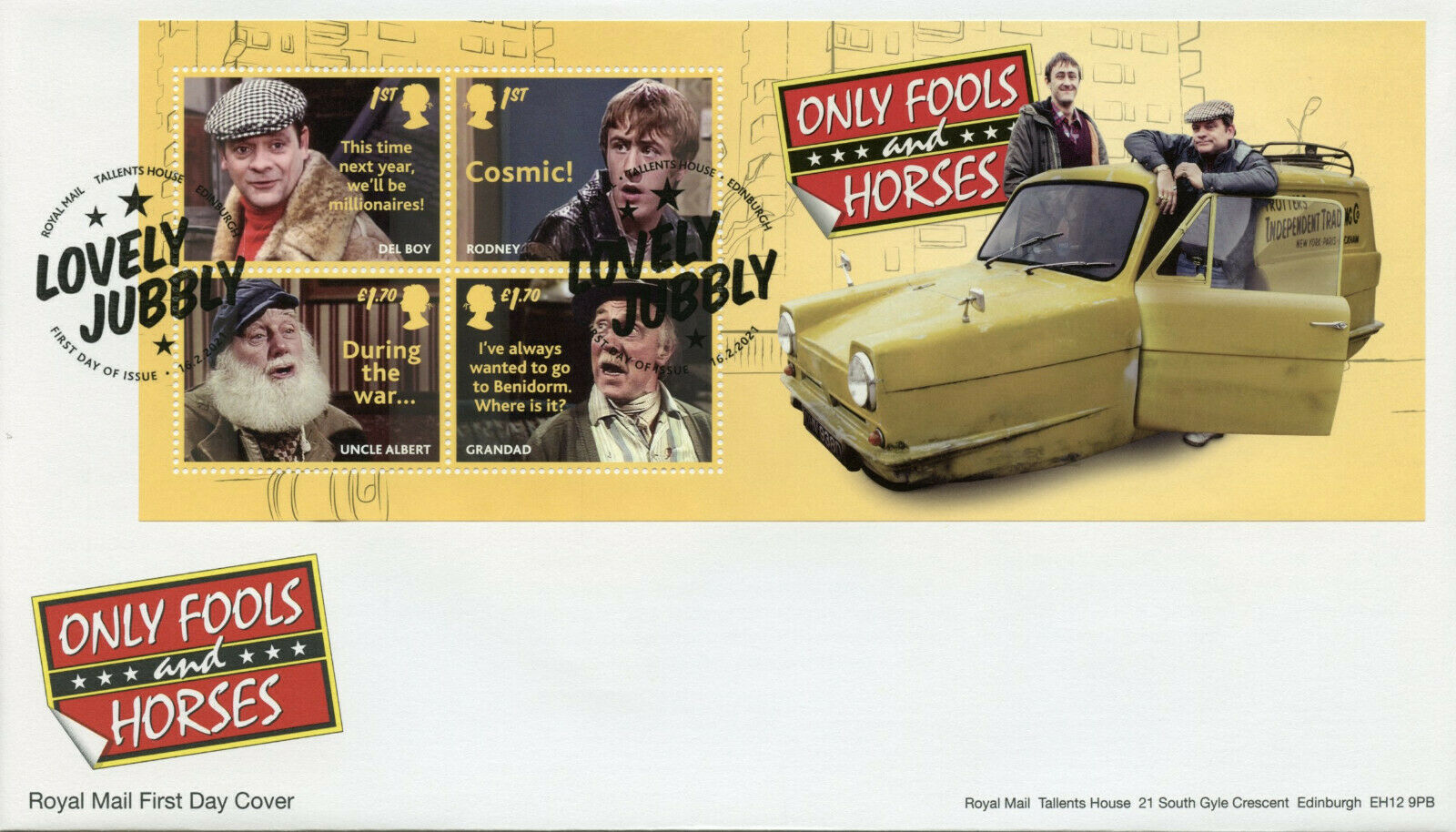 GB Stamps 2021 FDC Only Fools & Horses TV Series Del Boy Rodney 4v M/S