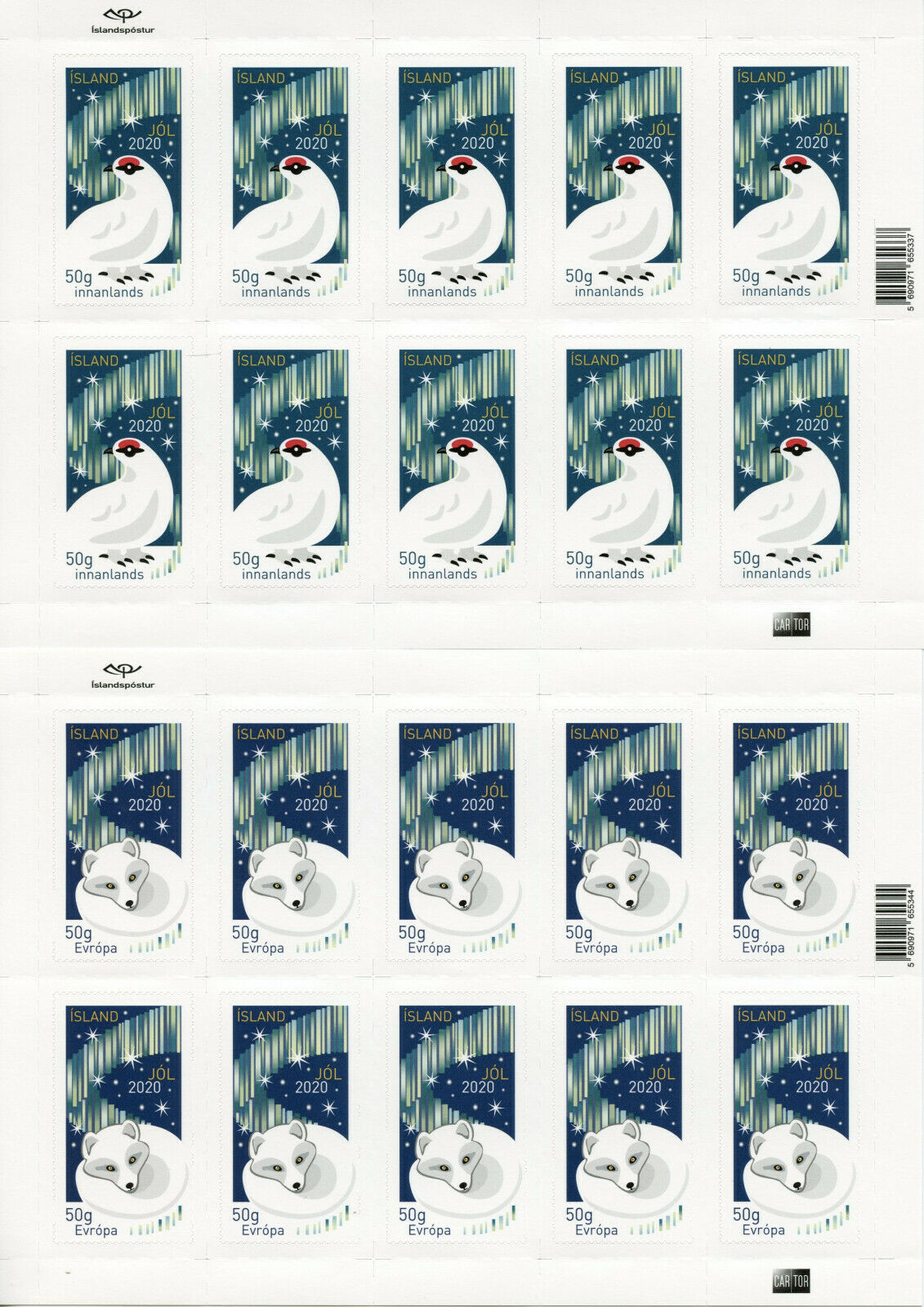 Iceland Christmas Stamps 2020 MNH Foxes Ptarmigan Birds 2x 10v S/A M/S