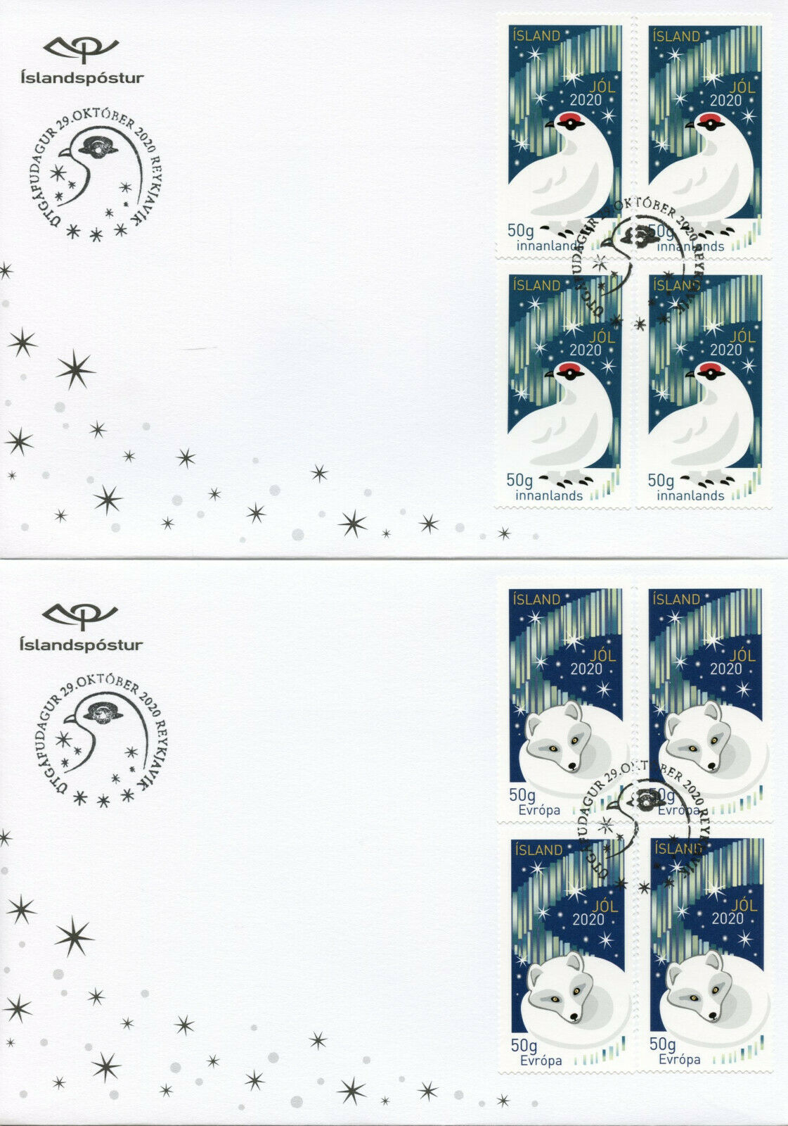 Iceland Christmas Stamps 2020 FDC Foxes Ptarmigan Birds 2x 4v Block on 2 Covers