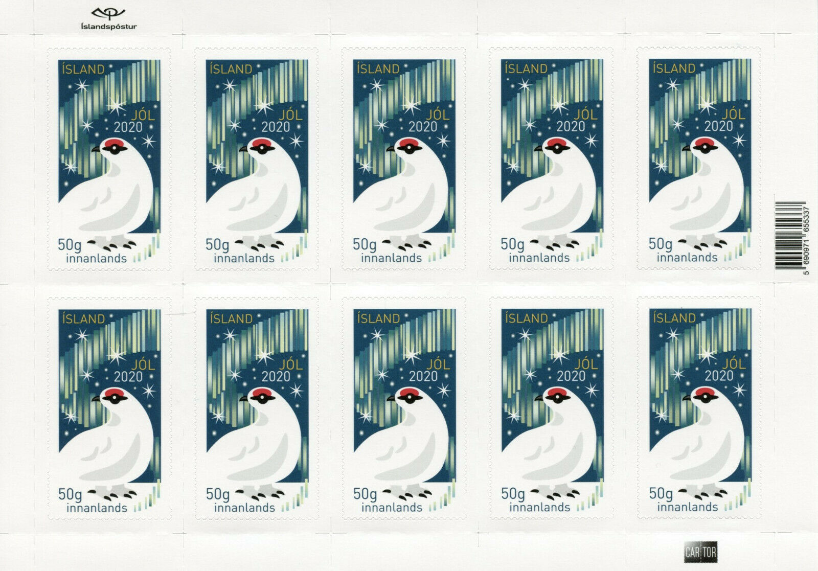 Iceland Christmas Stamps 2020 MNH Foxes Ptarmigan Birds 2x 10v S/A M/S
