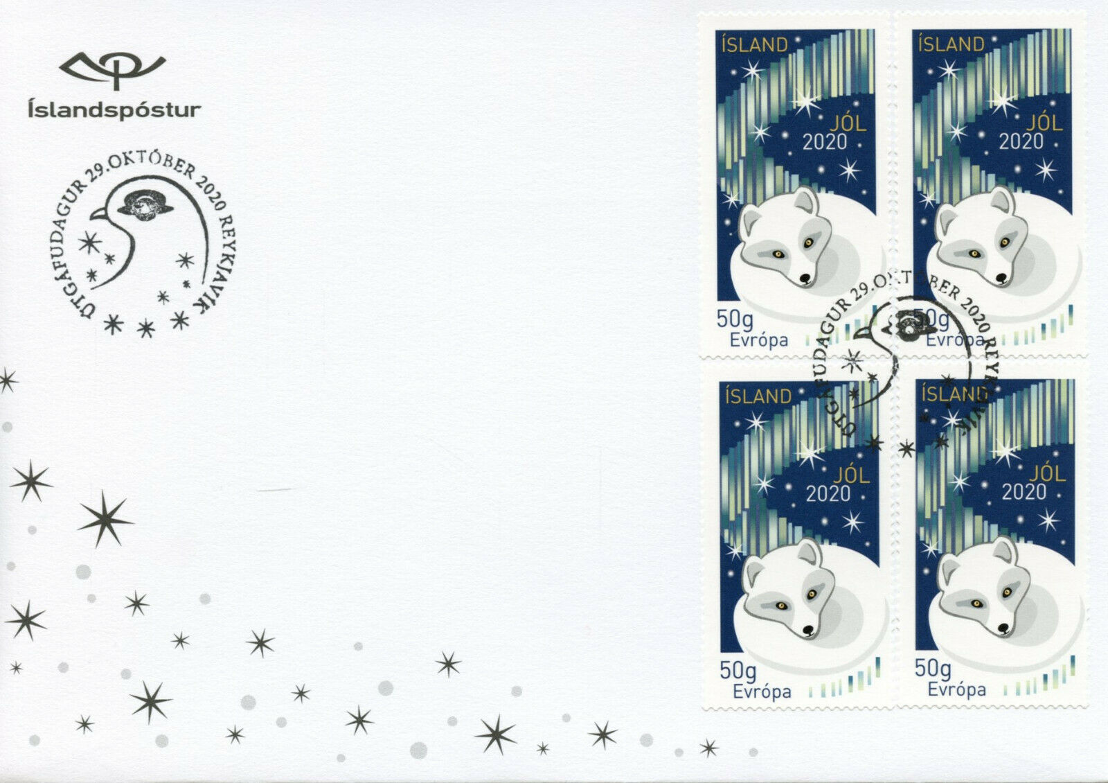 Iceland Christmas Stamps 2020 FDC Foxes Ptarmigan Birds 2x 4v Block on 2 Covers