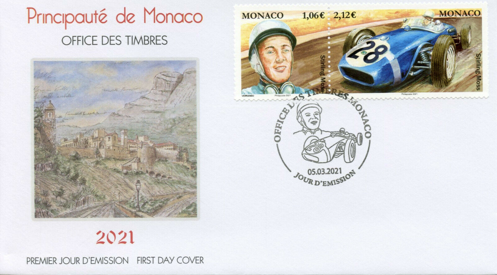 Monaco Sports Stamps 2021 FDC Legendary F1 Drivers Stirling Moss Cars 2v Set