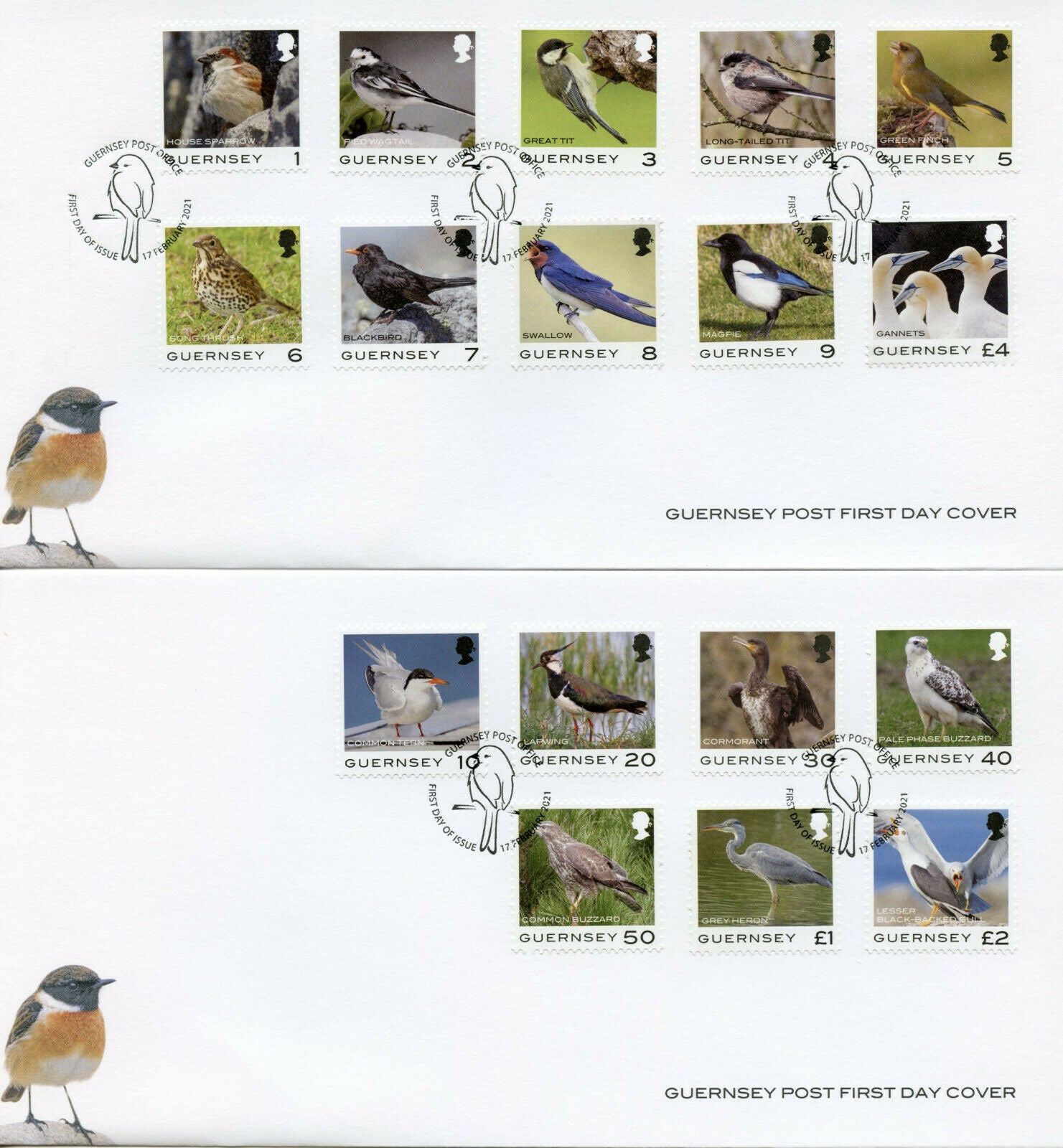 Guernsey Definitives Stamps 2021 FDC Birds Sparrows Buzzards Herons 17v Set