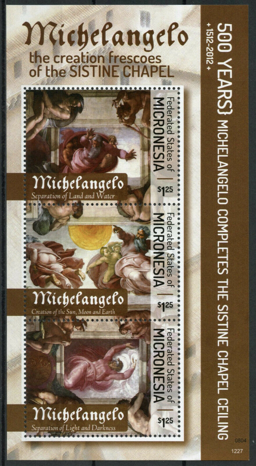 Micronesia 2012 MNH Art Stamps Michelangelo Sistine Chapel Ceiling 3v M/S