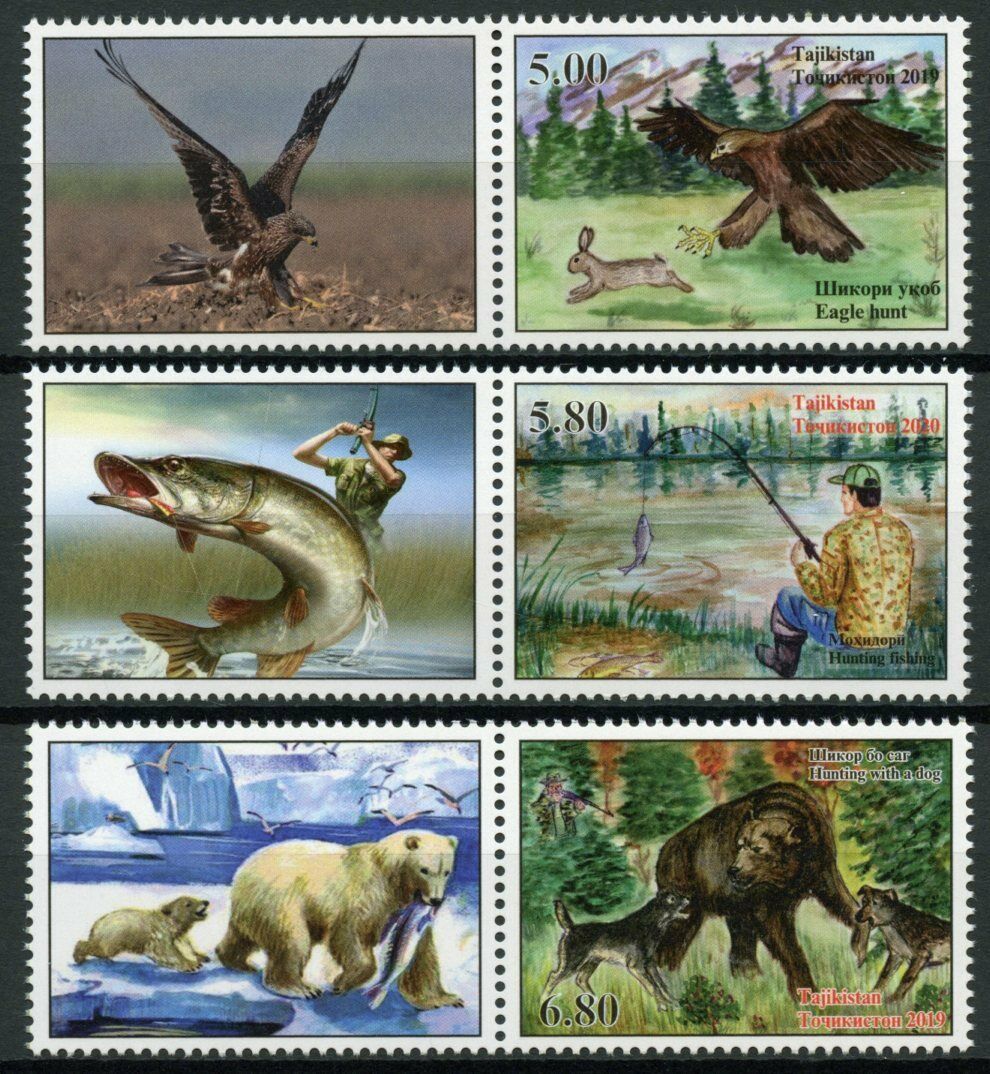 Tajikistan Stamps 2020 MNH Hunting & Fishing Bears Eagles Birds 3v Set + Label