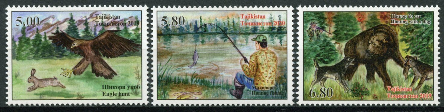 Tajikistan Stamps 2020 MNH Hunting & Fishing Fish Bears Eagles Birds Dogs 3v Set