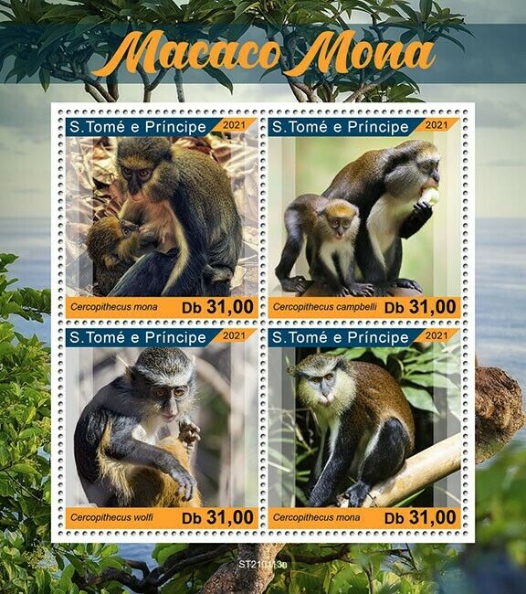 Sao Tome & Principe Wild Animals Stamps 2021 MNH Mona Monkeys Primates 4v M/S
