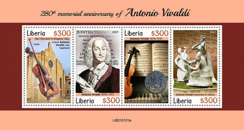 Liberia Music Stamps 2021 MNH Antonio Vivaldi Memorial Composers People 4v M/S
