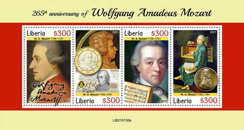 Liberia 2021 MNH Music Stamps Wolfgang Amadeus Mozart Composers People 4v M/S