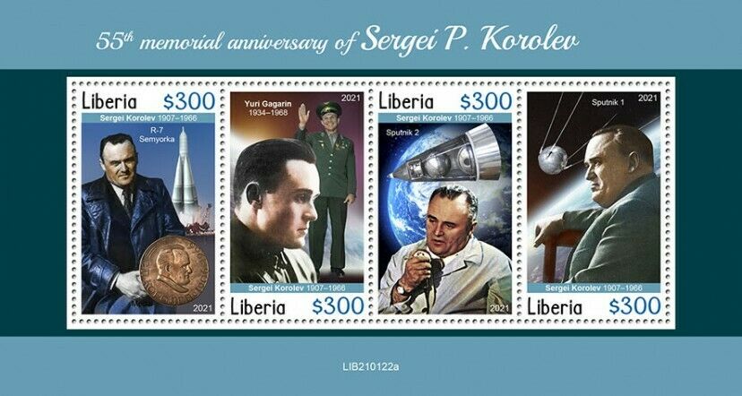 Liberia Space Stamps 2021 MNH Sergei P. Korolev Yuri Gagarin Sputnik 4v M/S
