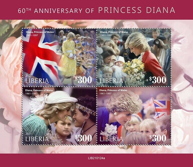 Liberia Royalty Stamps 2021 MNH Princess Diana 60th Anniv Famous People 4v M/S