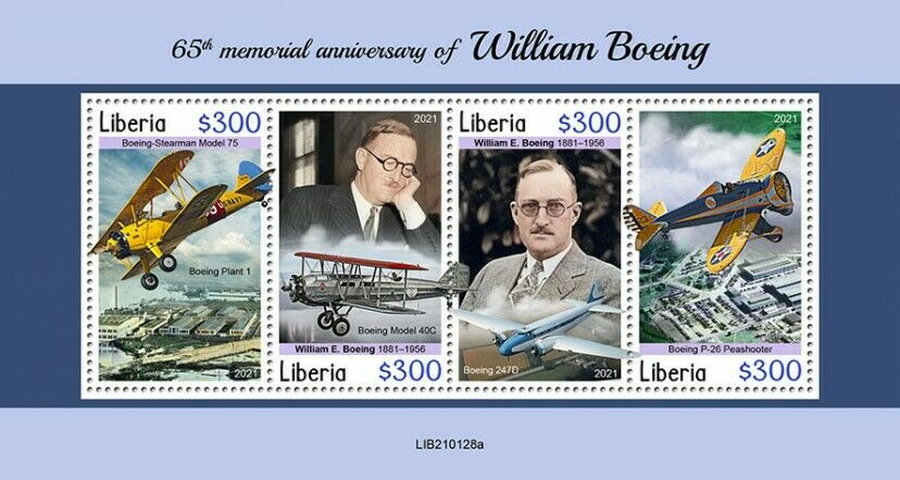 Liberia Aviation Stamps 2021 MNH William Boeing 65th Memorial Aircraft 4v M/S