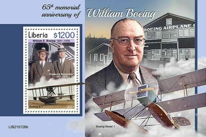 Liberia Aviation Stamps 2021 MNH William Boeing 65th Memorial Aircraft 1v S/S