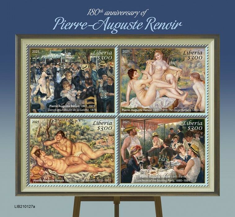 Liberia 2021 MNH Art Stamps Pierre-Auguste Renoir Nude Paintings Nudes 4v M/S