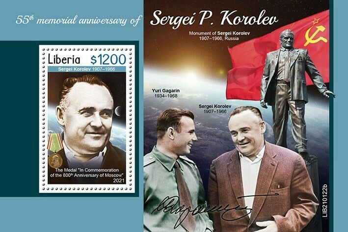 Liberia Space Stamps 2021 MNH Sergei P. Korolev Yuri Gagarin 1v S/S