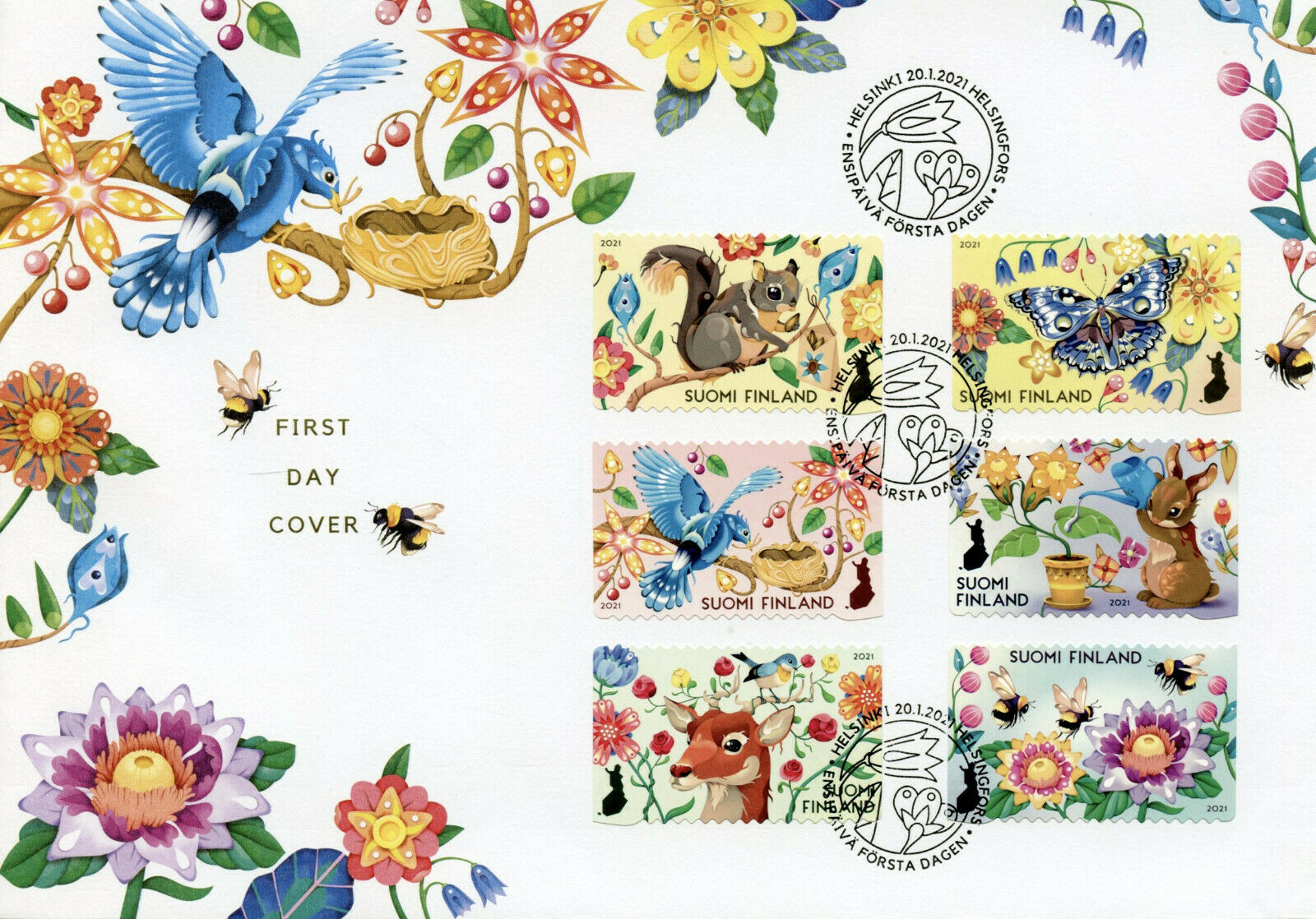 Finland Wild Animals Stamps 2021 FDC Let's Take Care Birds Flowers 6v S/A Set