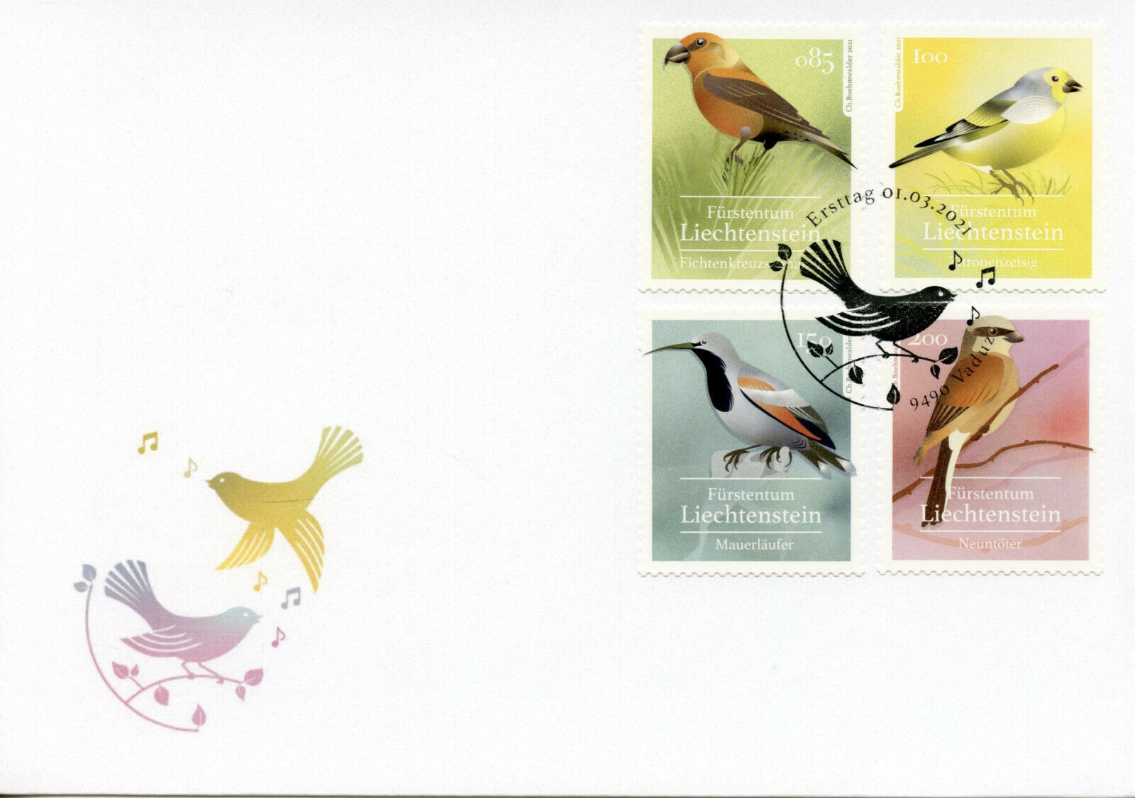 Liechtenstein Birds on Stamps 2021 FDC Native Songbirds Finches Shrikes 4v Set