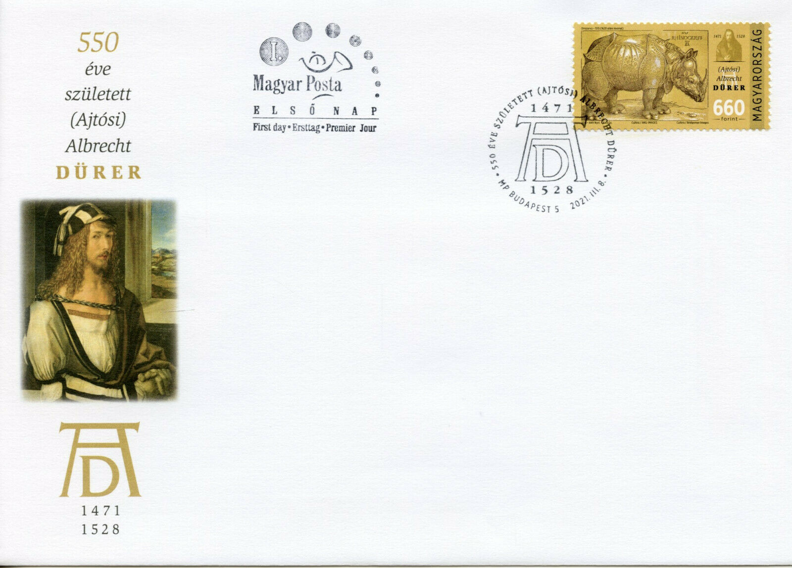 Hungary Art Stamps 2021 FDC Albrecht Durer 550th Birth Anniv Rhinos 1v Set