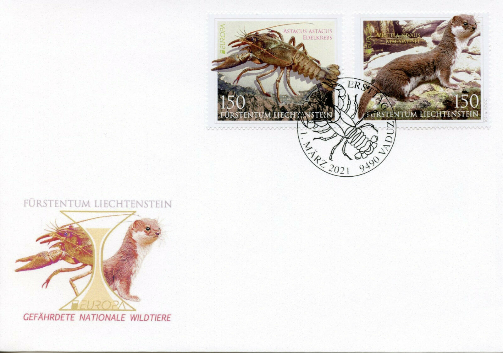 Liechtenstein Europa Stamps 2021 FDC Endangered Natl Wildlife Weasels 2v Set