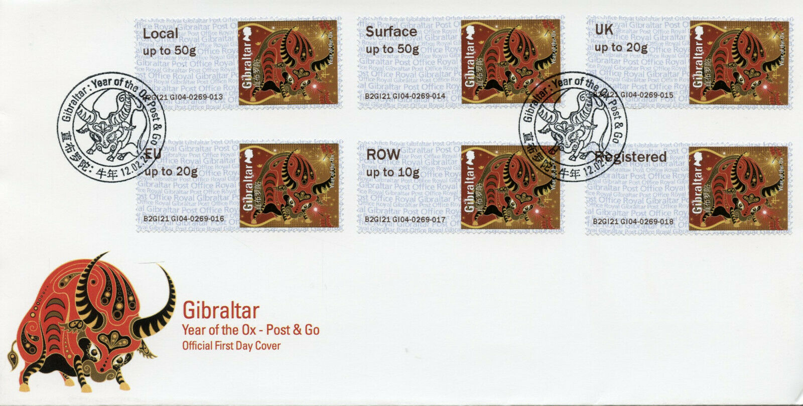 Gibraltar Year of Ox Stamps 2021 FDC Post & Go GI04 B2GI21 6v S/A Set