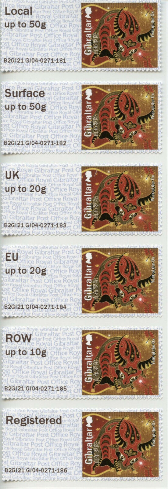 Gibraltar 2021 MNH Year of Ox Stamps Post & Go GI04 B2GI21 Chinese Lunar New Year 6v S/A Strip
