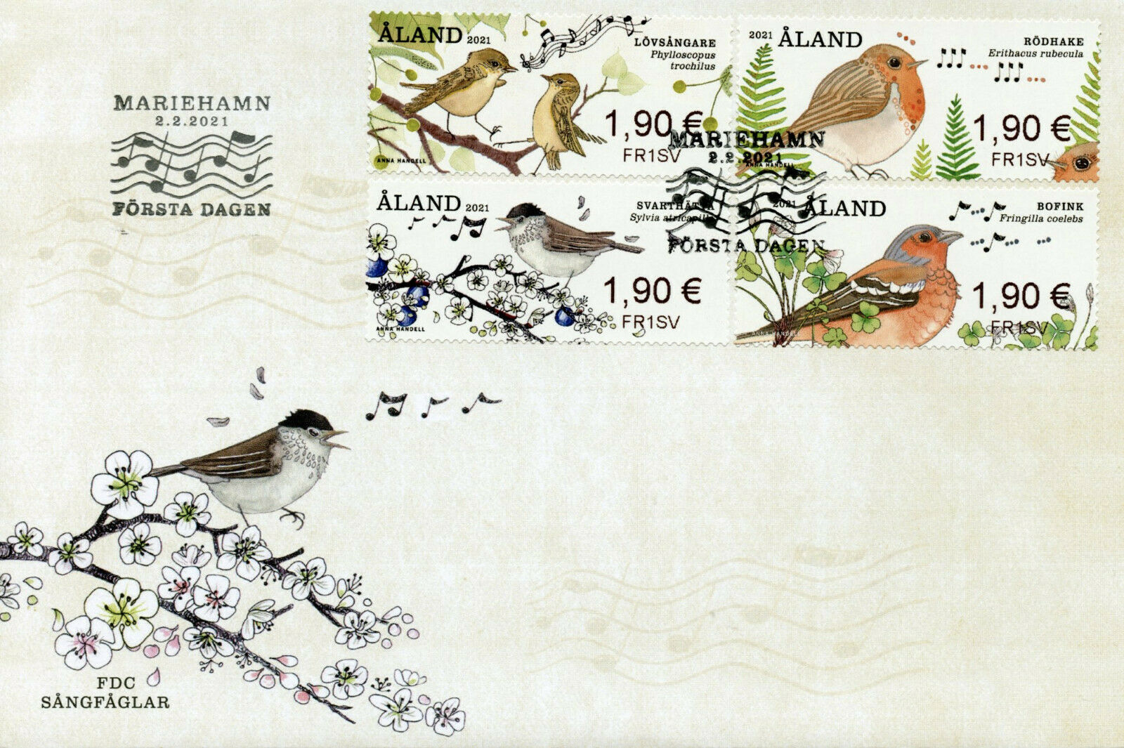 Aland Birds on Stamps 2021 FDC Songbirds Robin Warblers Finches 4v S/A ATM Label