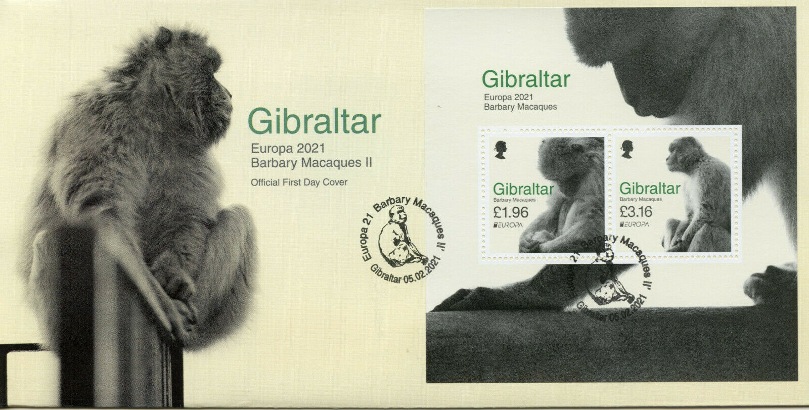 Gibraltar Europa Stamps 2021 FDC Barbary Macaques Endangered Ntl Wildlife 2v M/S