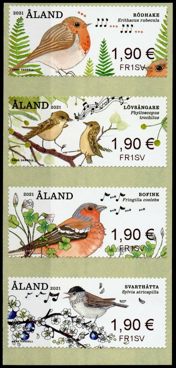 Aland Birds on Stamps 2021 MNH Songbirds Robin Warblers Finches 4v S/A ATM Label