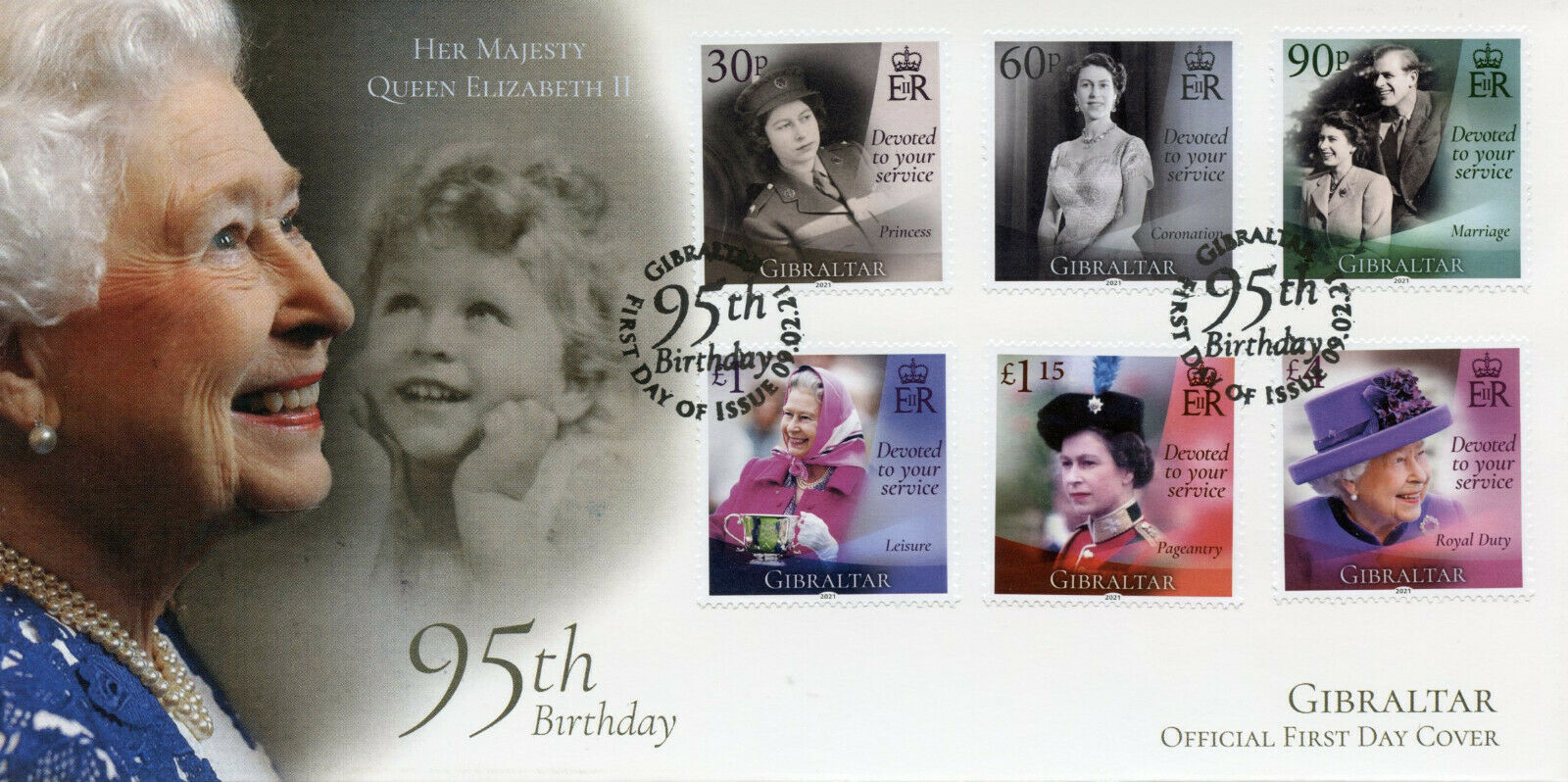 Gibraltar 2021 FDC Royalty Stamps Queen Elizabeth II 95th Birthday Anniv 6v Set