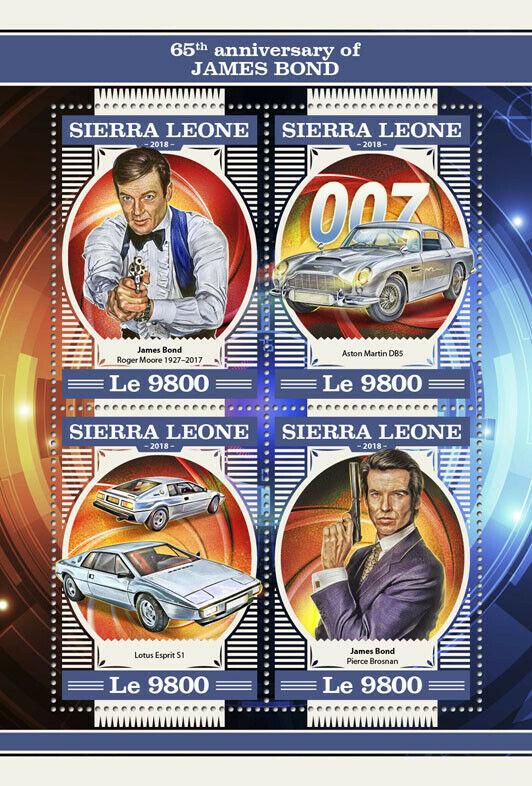 Sierra Leone 2018 MNH James Bond Stamps Cars Roger Moore Pierce Brosnan 4v M/S