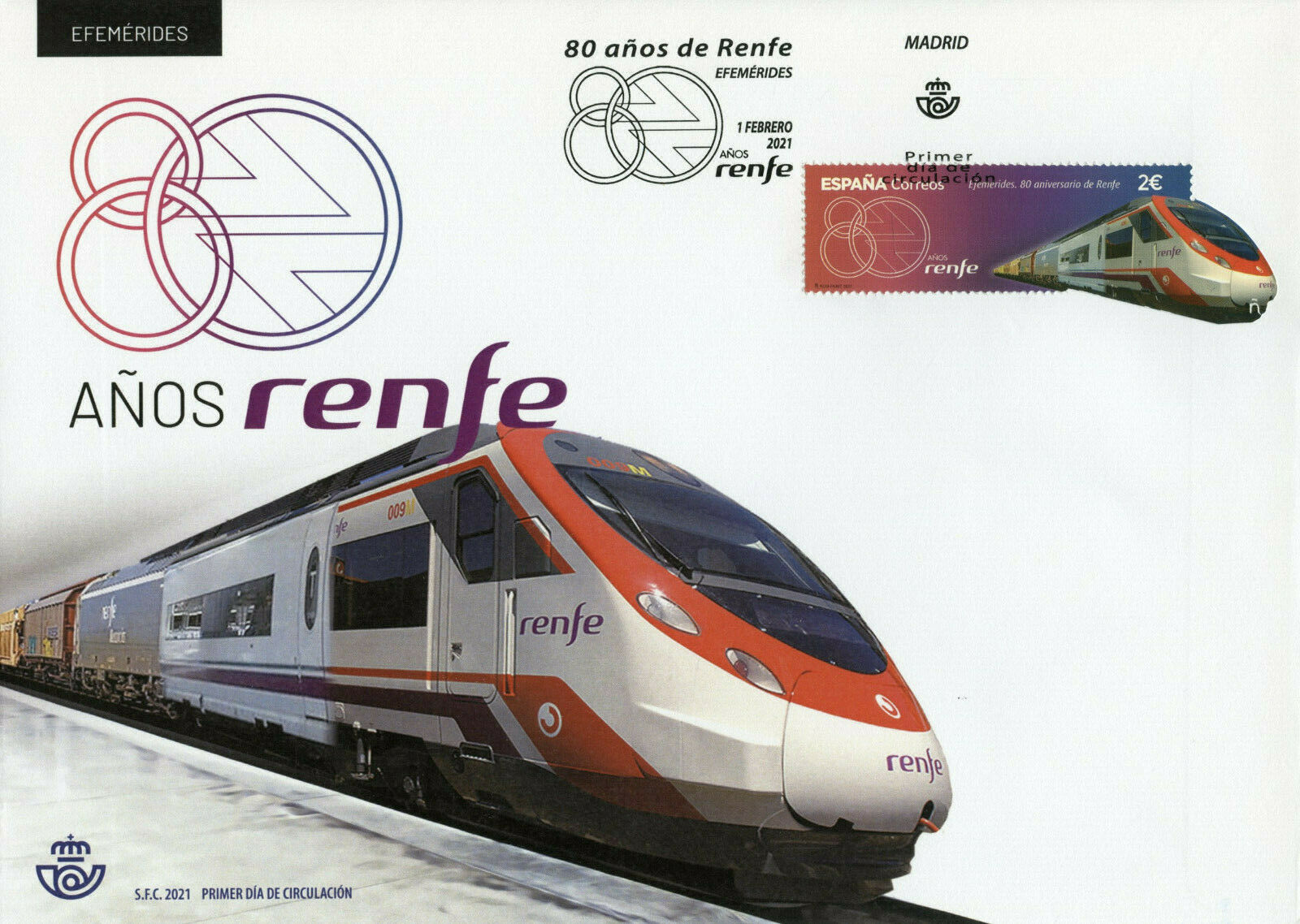 Spain High-Speed Trains Stamps 2021 FDC RENFE 80th Anniv Railways Rail 1v Set