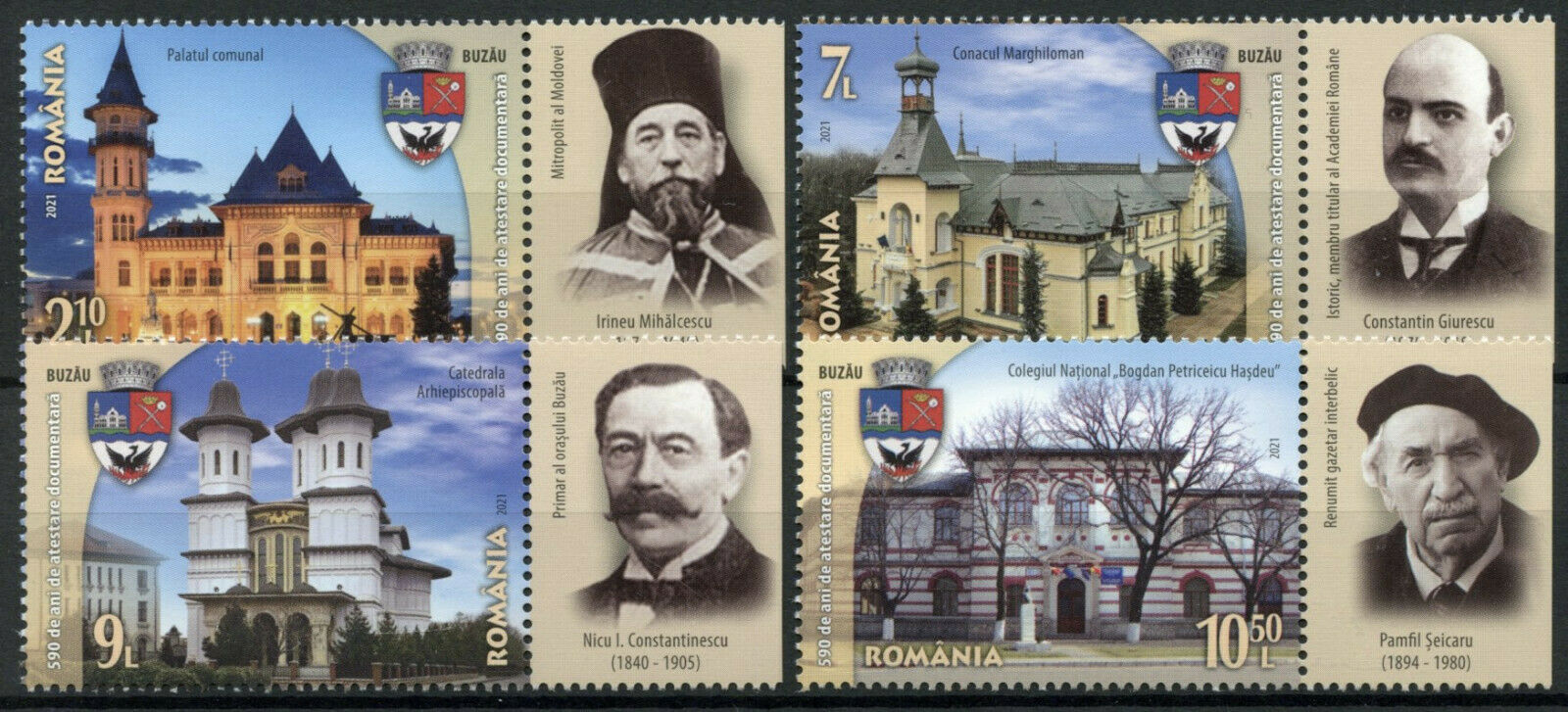 Romania Architecture Stamps 2021 MNH Buzau 590 Yrs Cities 4v Set + Label B