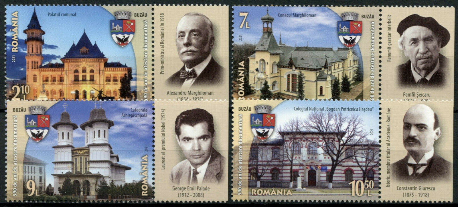 Romania Architecture Stamps 2021 MNH Buzau 590 Yrs Cities 4v Set + Label A