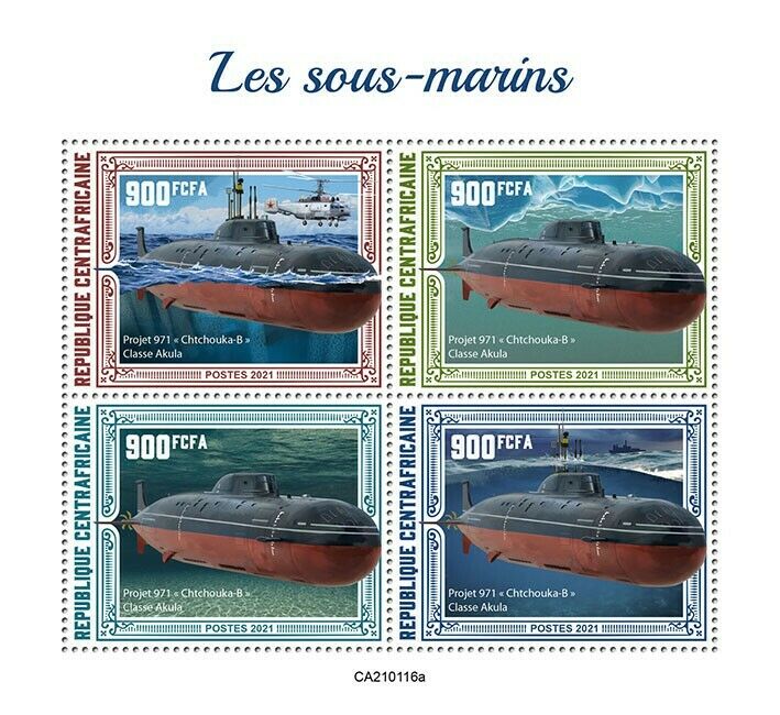 Central African Rep Submarines Stamps 2021 MNH Project 971 Chtchouka B 4v M/S