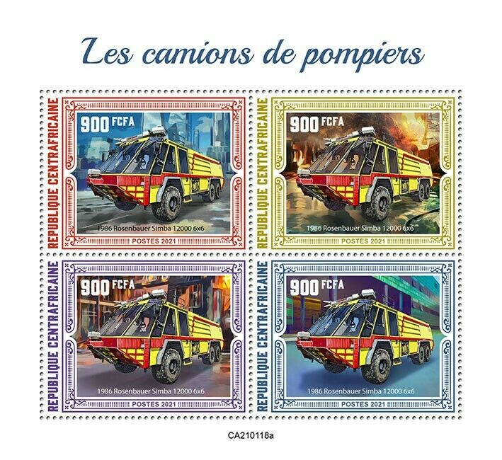 Central African Rep Fire Engines Stamps 2021 MNH Rosenbauer Simba 12000 4v M/S