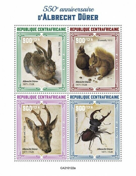 Central African Rep 2021 MNH Art Stamps Albrecht Durer Beetles Squirrels 4v M/S