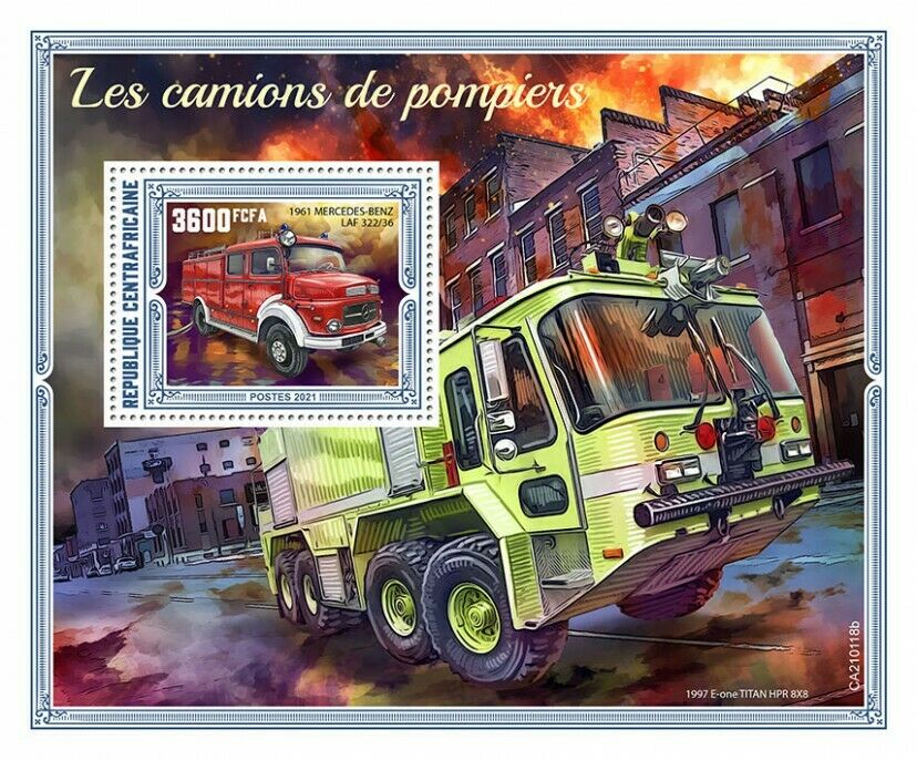 Central African Rep Fire Engines Stamps 2021 MNH Mercedes Benz LAF 322/36 1v S/S