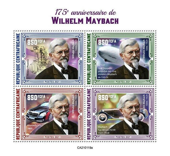 Central African Rep 2021 MNH Cars Stamps Wilhelm Maybach 57S Zeppelins 4v M/S