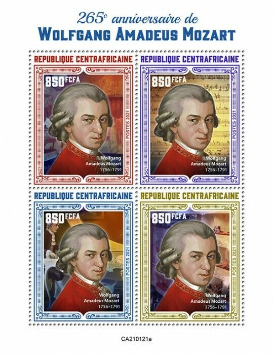 Central African Rep Music Stamps 2021 MNH Amadeus Mozart Composers 4v M/S