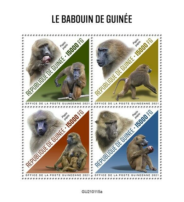Guinea Wild Animals Stamps 2021 MNH Guinea Baboons Monkeys Primates Fauna 4v M/S