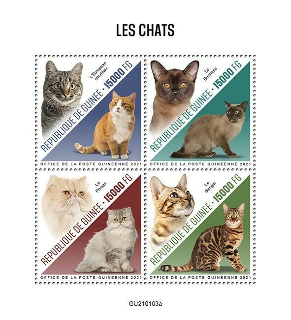 Guinea 2021 MNH Cats Stamps European Shorthair Burmese Bengal Persian Cat 4v M/S