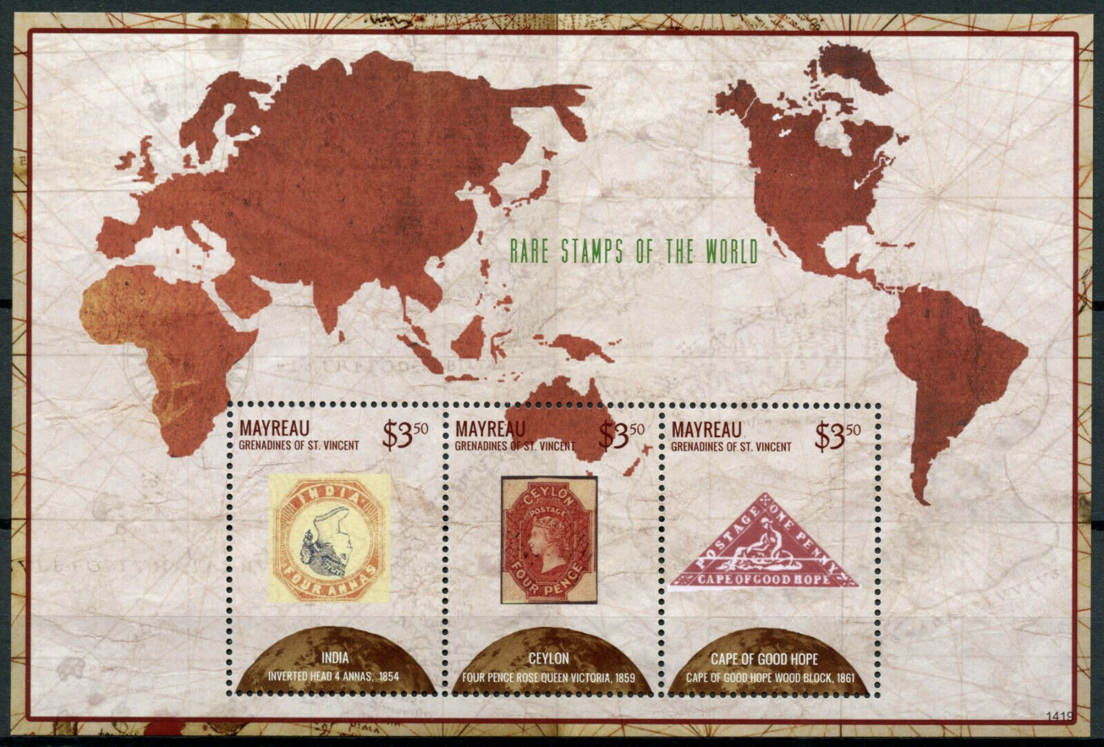 Mayreau Grenadines St Vincent 2014 MNH Stamps-on-Stamps Rare Stamps of World Ceylon India 3v M/S