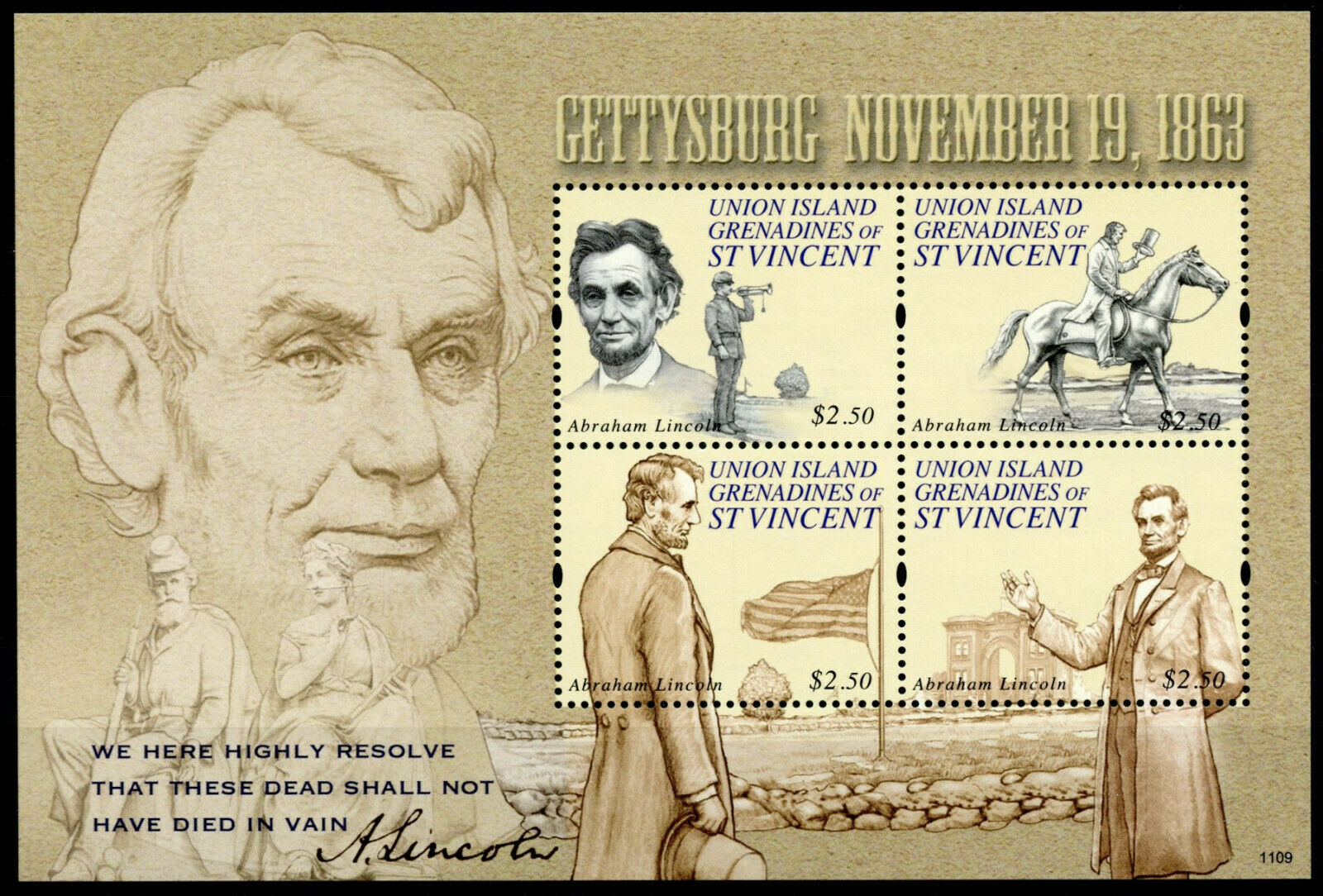 Union Island Gren Vincent 2011 MNH Abraham Lincoln Stamps Gettysburg 1863 4v M/S