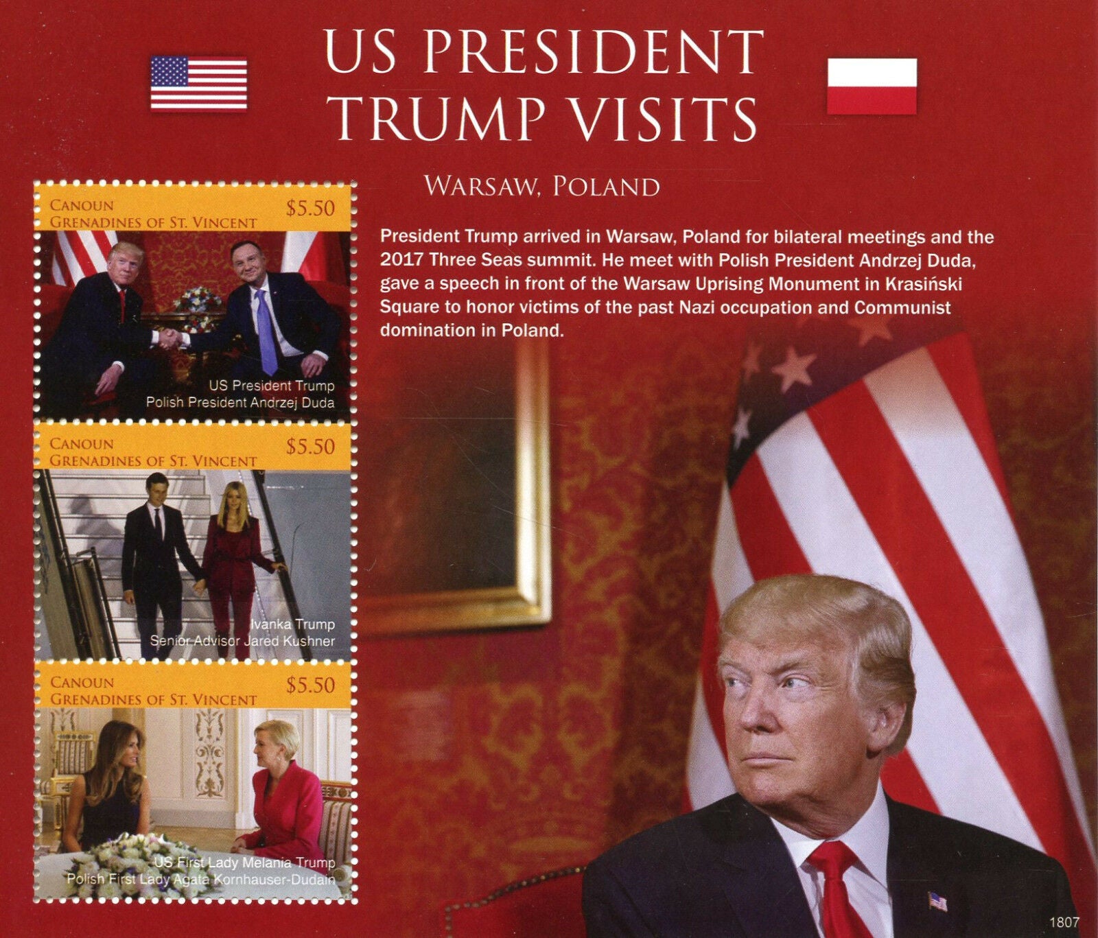 Canouan Gren St Vincent 2018 MNH Donald Trump Stamps US Presidents Poland Politicians 3v M/S