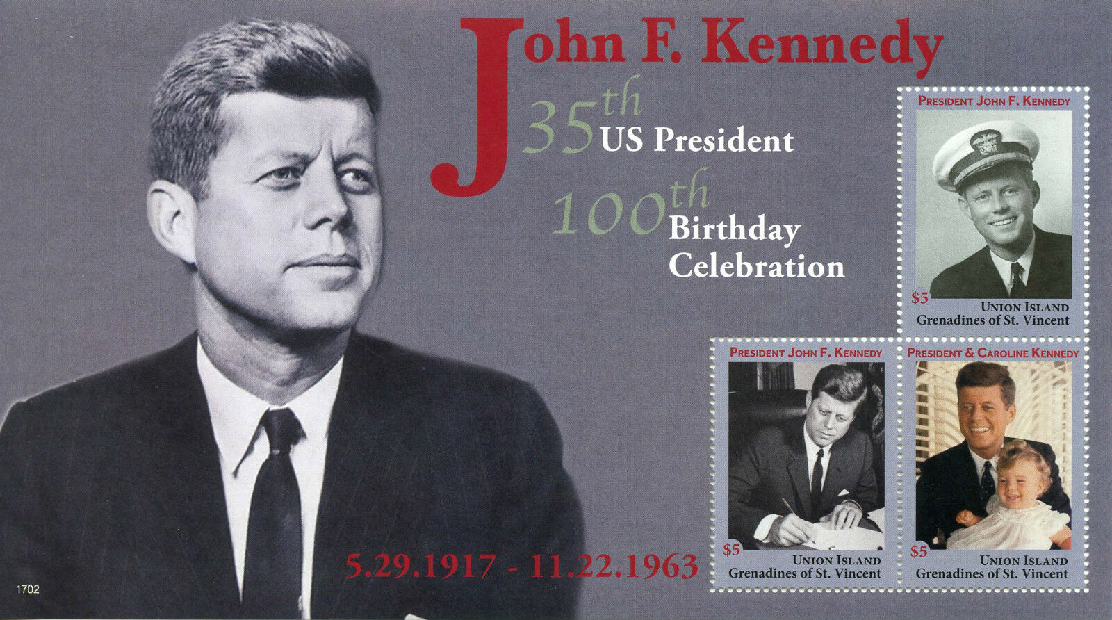 Union Island Gren St Vincent 2017 MNH JFK Stamps John F Kennedy 100th 3v M/S II